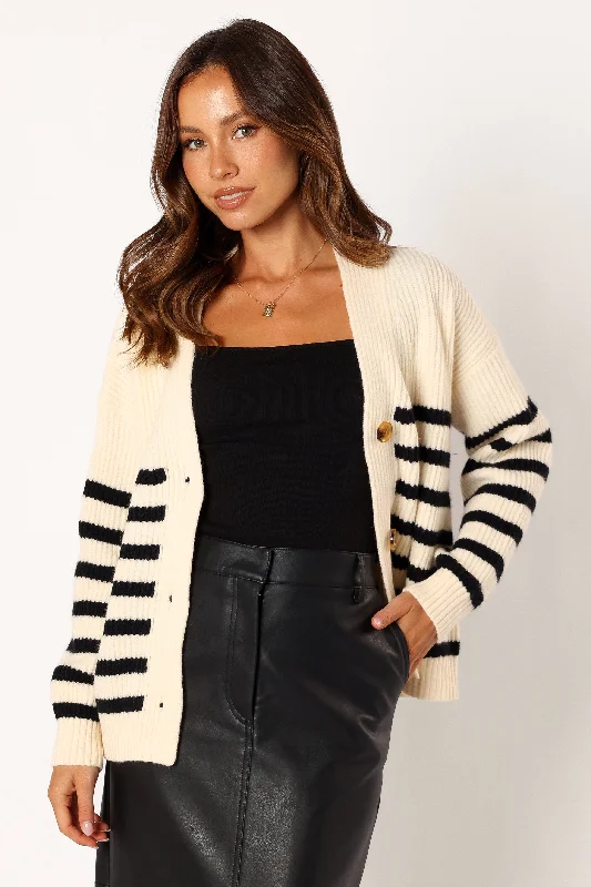 Sapphire Striped Button Front Cardigan - Beige Black