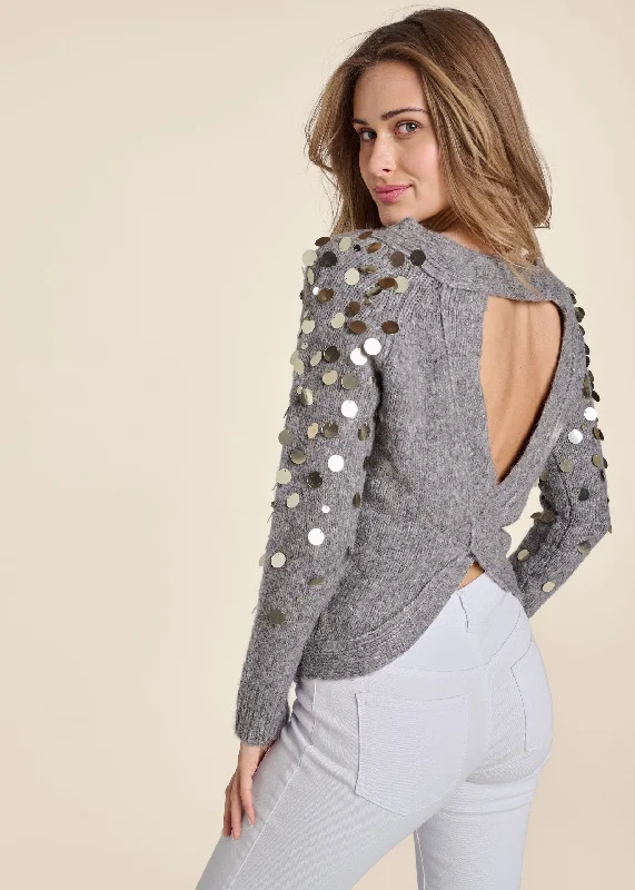 Open Back Sequin Sleeve Sweater - Grey