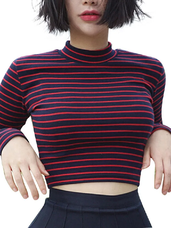 Crop Tops Women Chic All-match Classic Stripe Slim Short Bustier Crop Top Turtleneck Long Sleeved T-shirt Sexy Shirts Tee