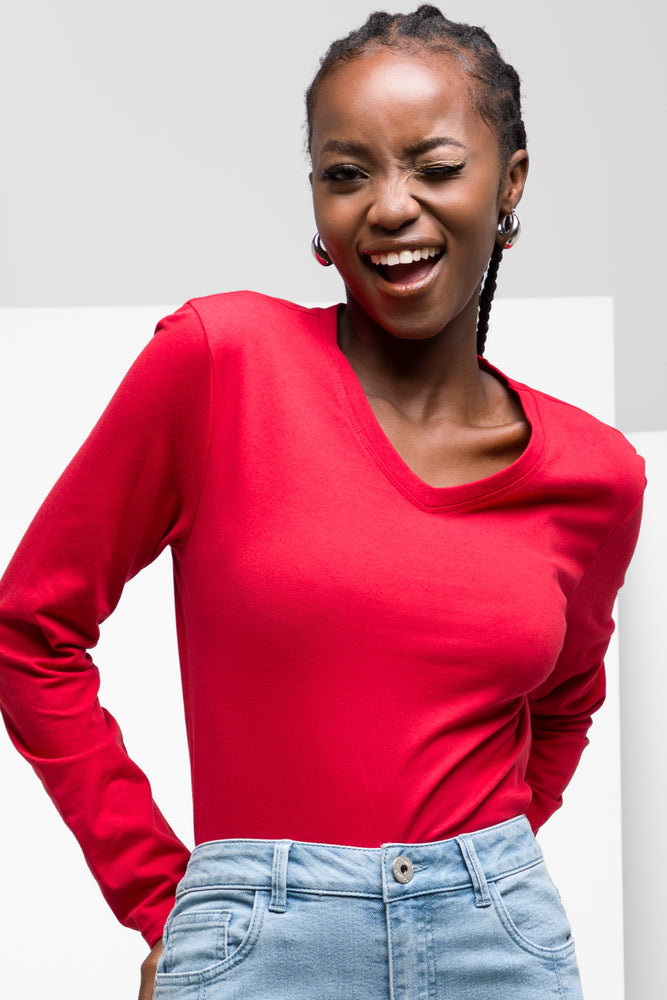 Long Sleeve V-Neck T-Shirt Red