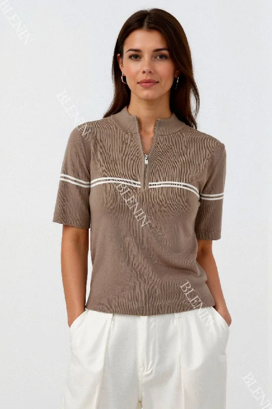 Old Money Zip Up Elegant Short Sleeve Striped T-shirt