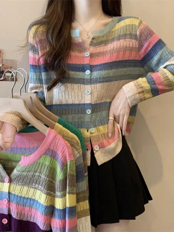 Plus size women's design rainbow patchwork striped T-shirt trendy     S3425