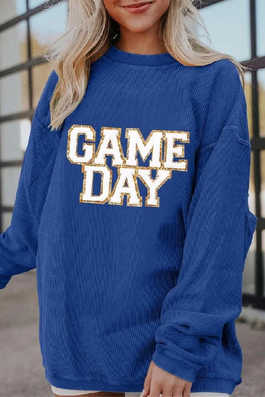 Royal Blue GAME DAY Glitter Detail Ribbed Drop Shoulder Sweatshirt