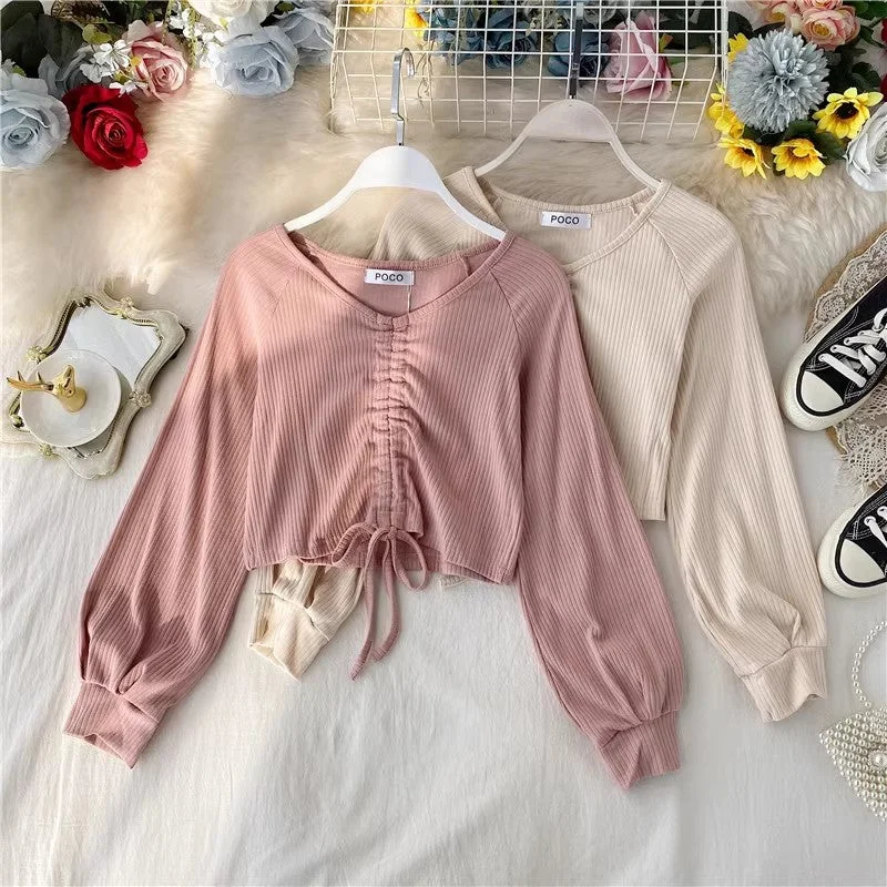 sexy short crop top design V-neck style long-sleeved T-shirt      S4129