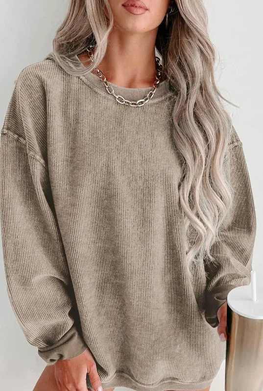 Solid Ribbed Knit Round Neck Pullover Sweatshirt