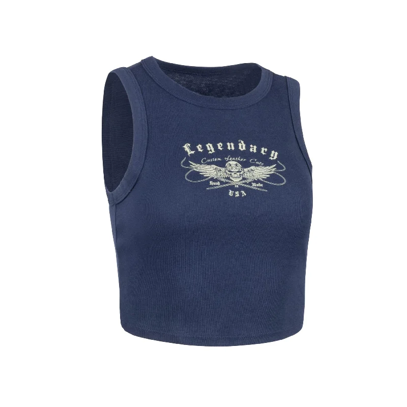 Womens Legendary Baby Ribbed Cropped Tank Top - Navy Blue - Custom Cuts logo