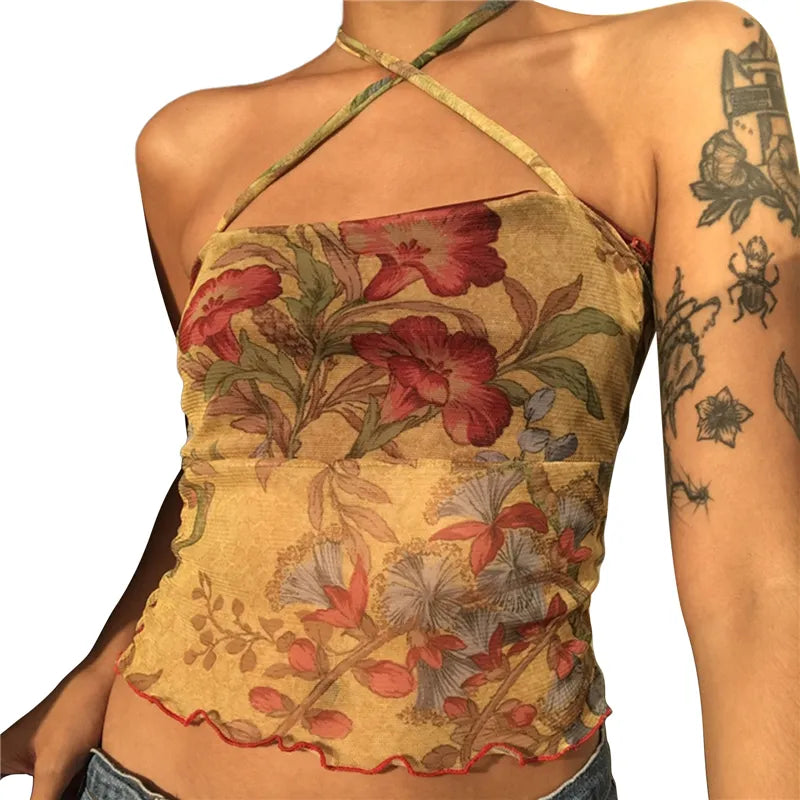 Y2K Mesh Sheer Floral T-shirt E-girl 90s Vintage Halter Tops Women Sleeveless Slim Fit Crop Top Harajuku Streetwear