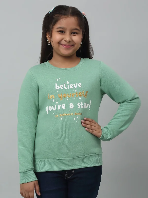 Girls Green Printed Round Neck Sweatshirt For Winter