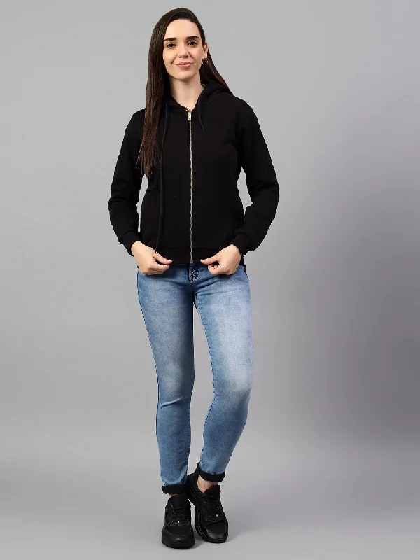 Women's Black Solid Hoody Neck Sweatshirt