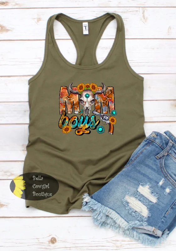 Mom Of Boys Sunflower Steer Skull Pistol Western Women's Tank Top