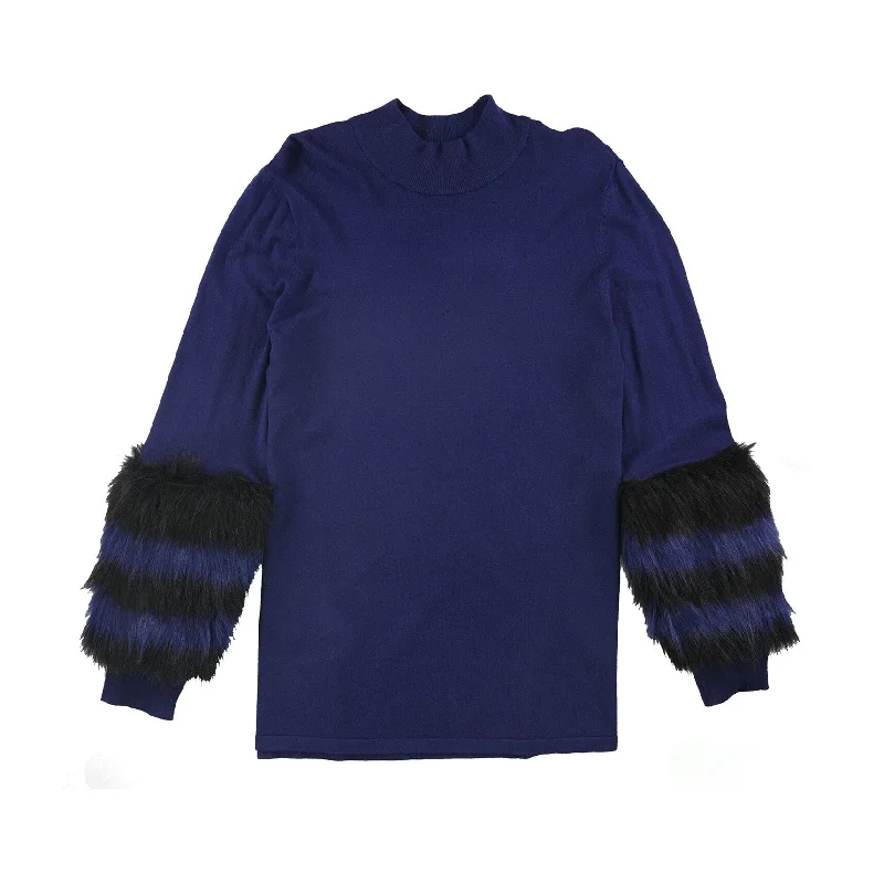 Alfani Womens Faux Fur Cuff Pullover Sweater, Blue, X-Large