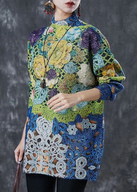 Elegant Green Floral Zircon Knit Pullover Spring