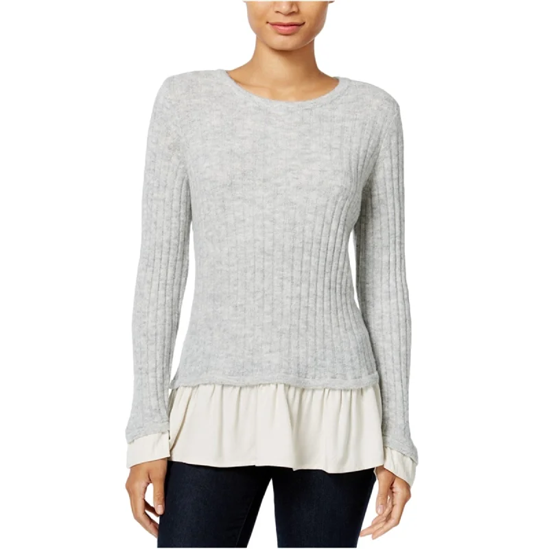 Kensie Womens Ruffled Contrast Pullover Sweater, Grey, Medium