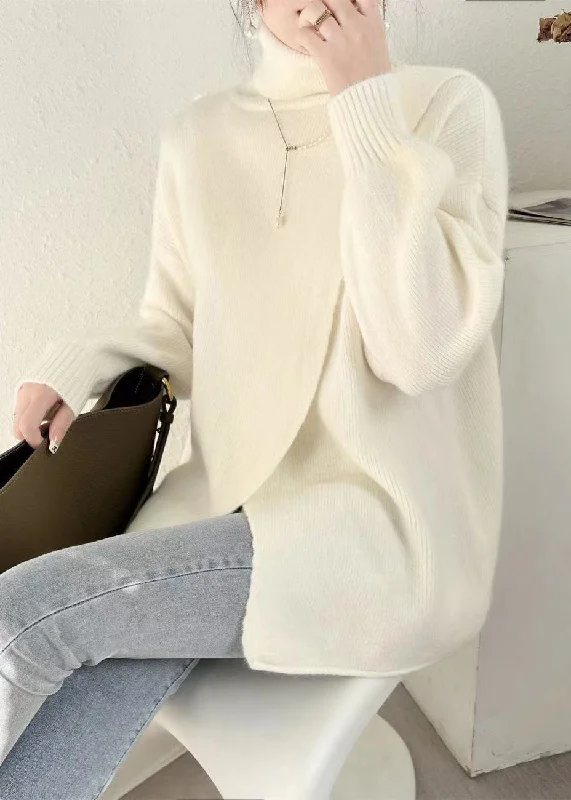 Simple White Hign Neck Asymmetrical Patchwork Woolen Knit Pullover Spring