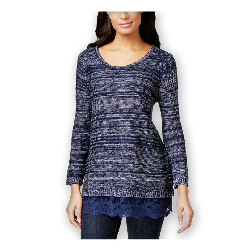 Style & Co. Womens Lace-Hem Marled Pullover Sweater, Blue, Medium