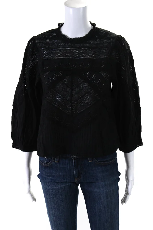 The Great Womens Cotton Embroidered Long Sleeve Pullover Verona Top Black