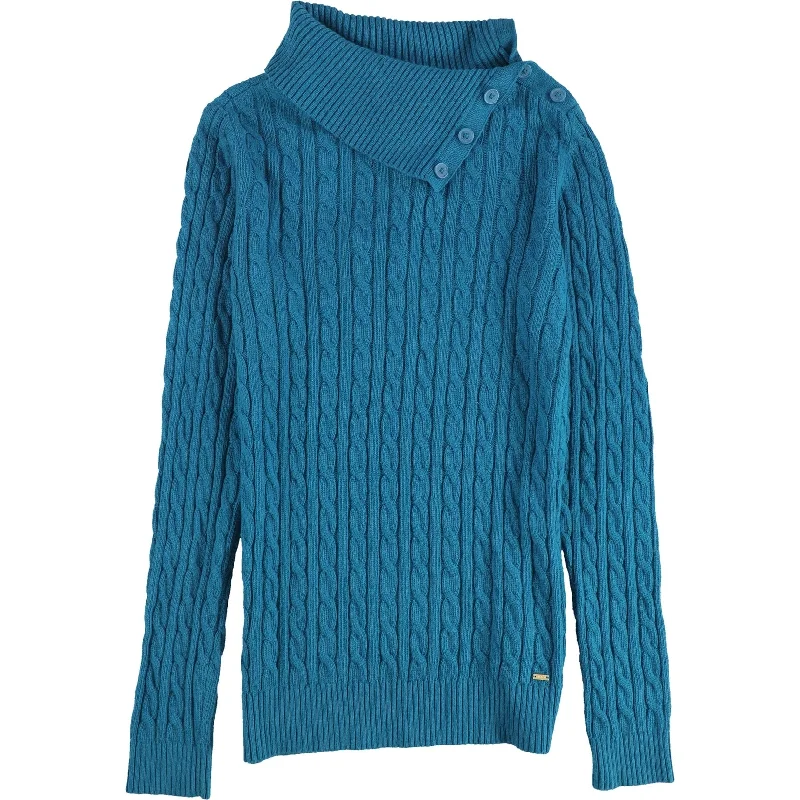 Tommy Hilfiger Womens Cable Button Mock Neck Pullover Sweater, Blue, Medium