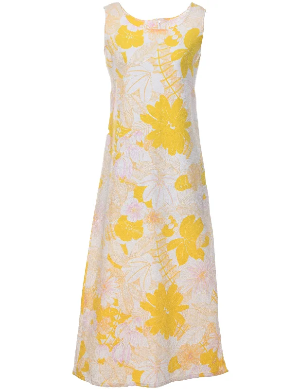 1970s Floral Print Yellow & White Maxi Dress - M