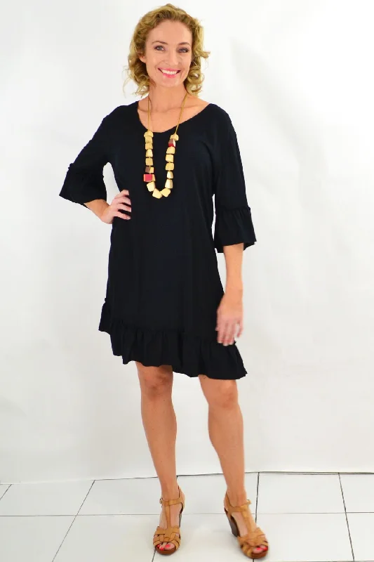 Black Ruffle 3/4 Sleeve Tunic Dress