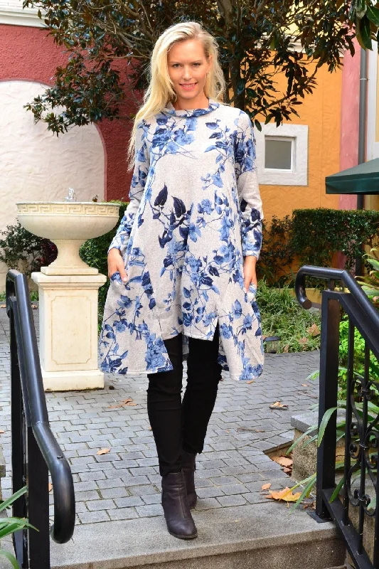 Blue Autumn Leaf Fleece Tunic Dress