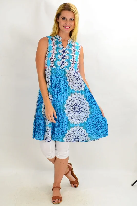 Blue Mandala Chinese Collar Tunic Dress