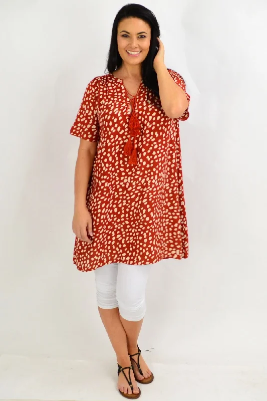 Brown Spot Tie Up Neck Tunic Dress