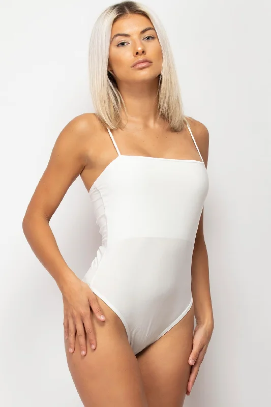 Cream Slinky Square Neck Bodysuit Thong