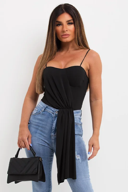 Going Out Bodysuit Top With Drape Detail Black