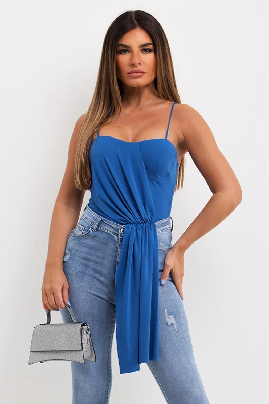 Going Out Bodysuit Top With Drape Detail Royal Blue