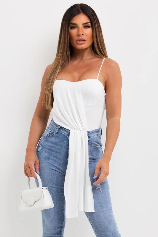 Going Out Bodysuit Top With Drape Detail White