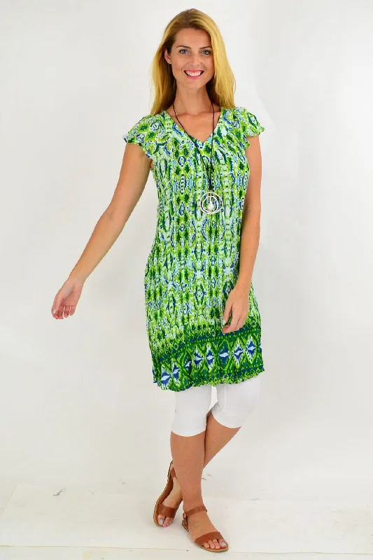 Green Pattern Short Sleeve Tunic Dress