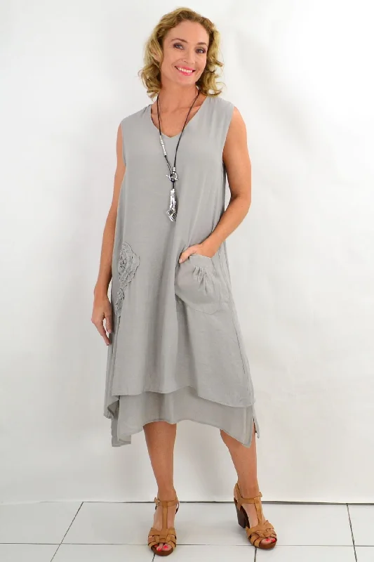 Grey Applique Sleeveless Tunic Dress