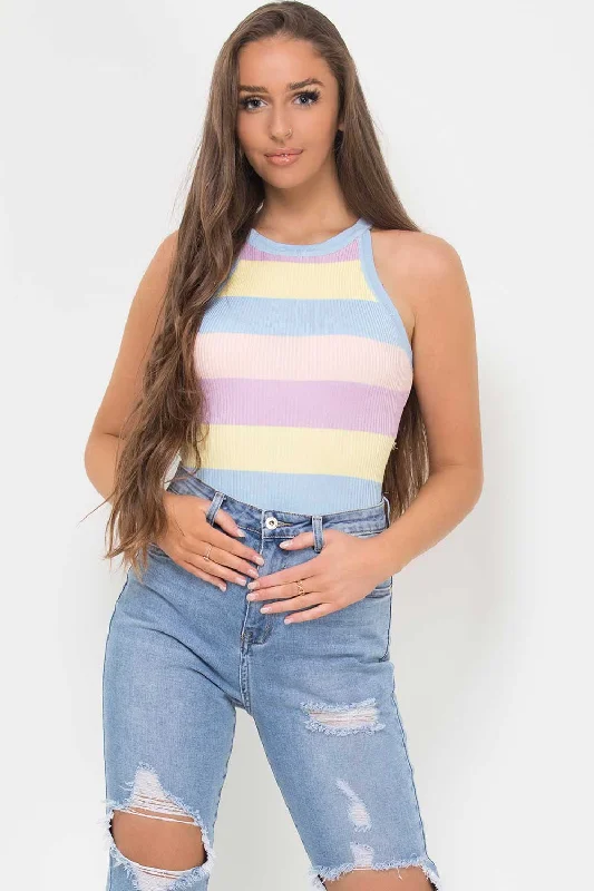 Knitted Pastel Stripe Racer Neck Ribbed Bodysuit