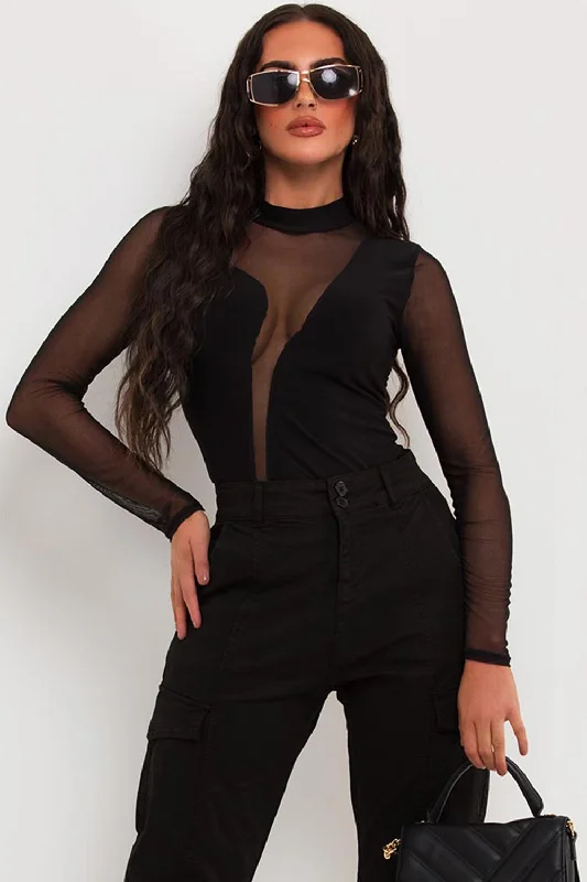 Mesh Panel Long Sleeve Bodysuit Black