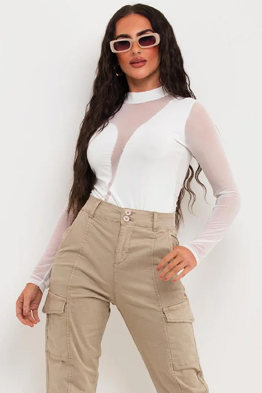 Mesh Panel Long Sleeve Bodysuit Cream