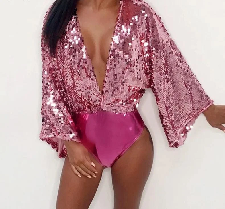 Metallic Sequin Deep V Loose Sleeve Bodysuits