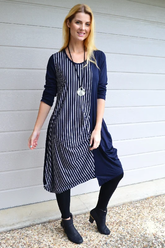 Navy 3/4 Sleeve Stripe Jersey Tunic Dress