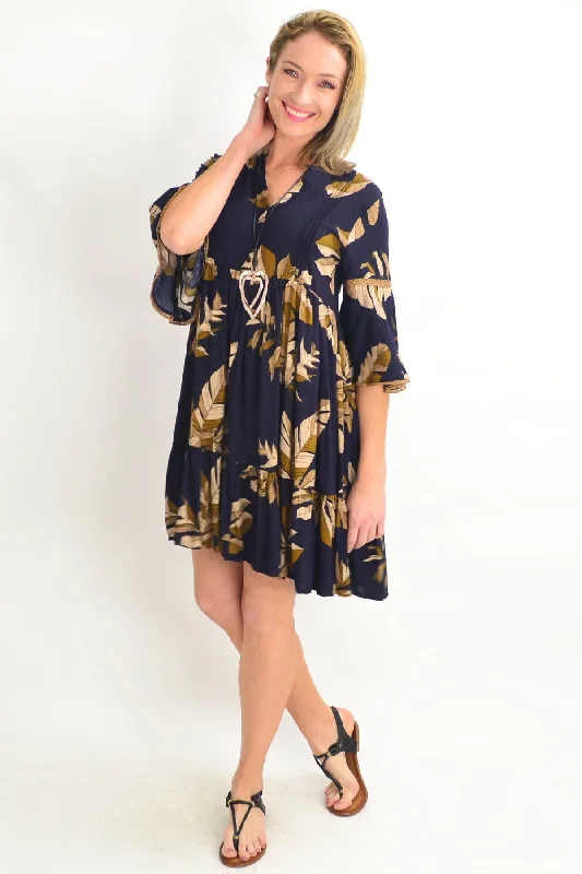 Navy Bell Cuff Tropical Leaf Tunic Dress