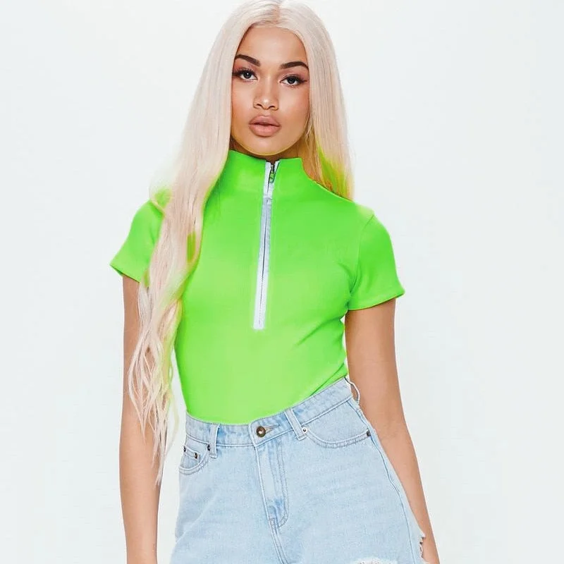 Neon Fluorescent Zipper Short Sleeve Bodysuit