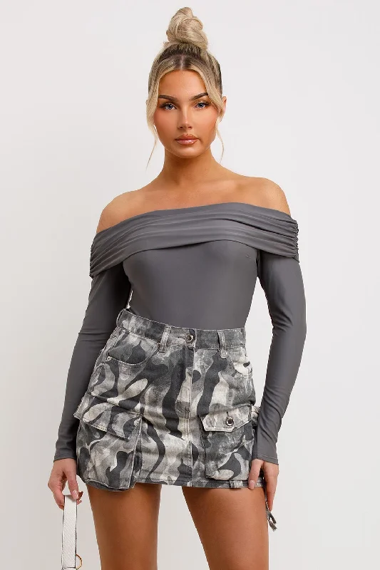 Off Shoulder Bodysuit Top With Long Sleeves Grey