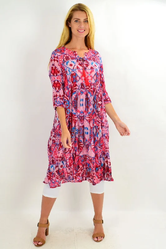 Pink Abstract Tie Neck Tunic Dress