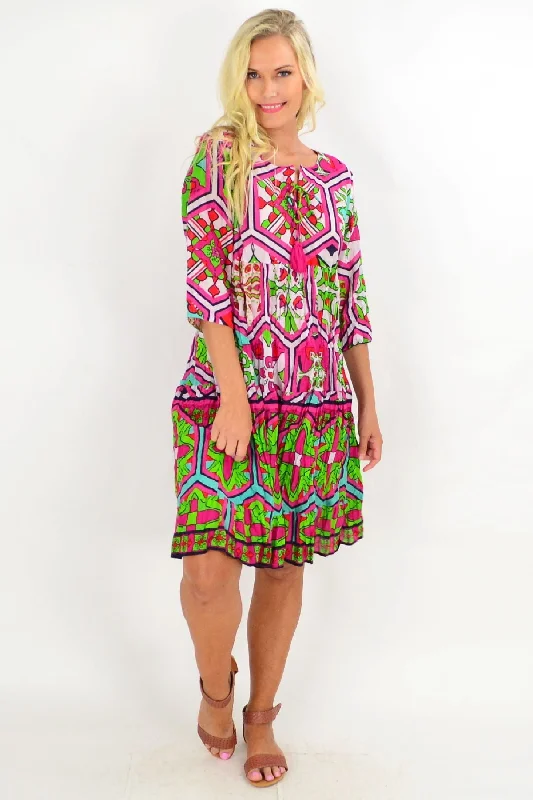 Pink Mosaic Tie Neck Tunic Dress