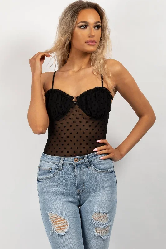 Polka Dot Mesh Cupped Bodysuit Black