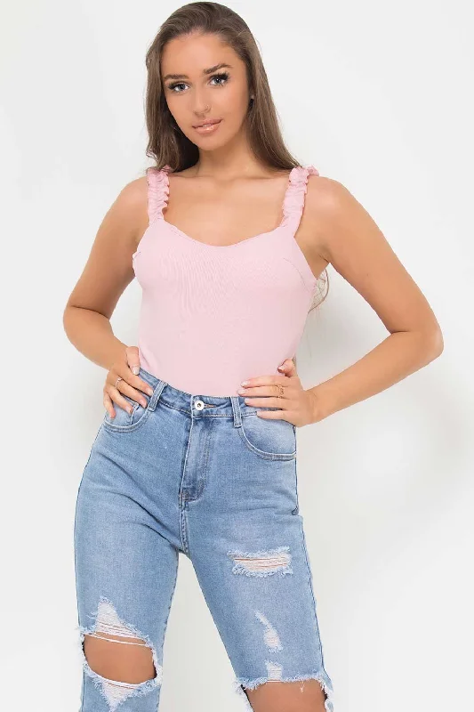 Ruffle Strap Ribbed Bodysuit Pink