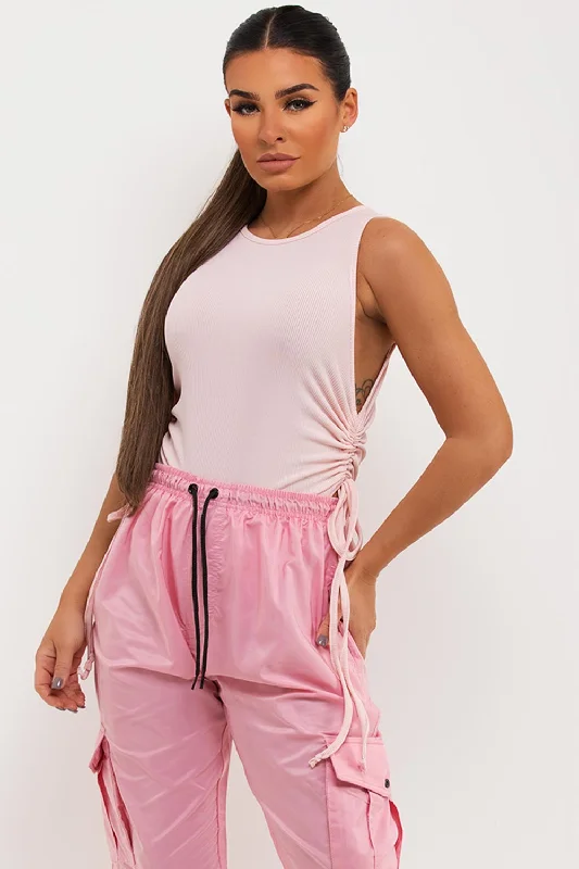 Side Ruched Ribbed Bodysuit Pink