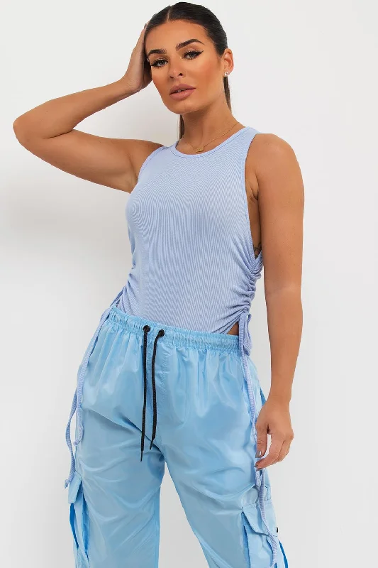 Side Ruched Ribbed Bodysuit Sky Blue