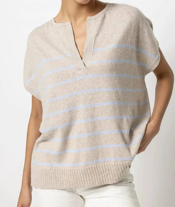 Striped Split Neck Tunic Sweater In Wheat Stripe