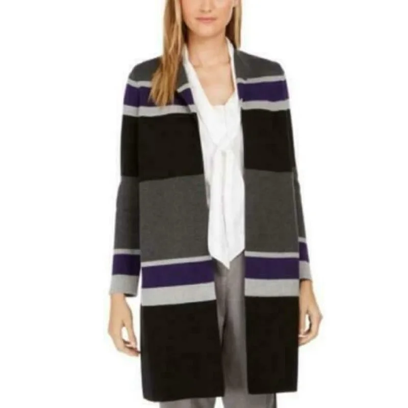 Calvin Klein Women's Striped Open-Front Cardigan Gray Size Medium