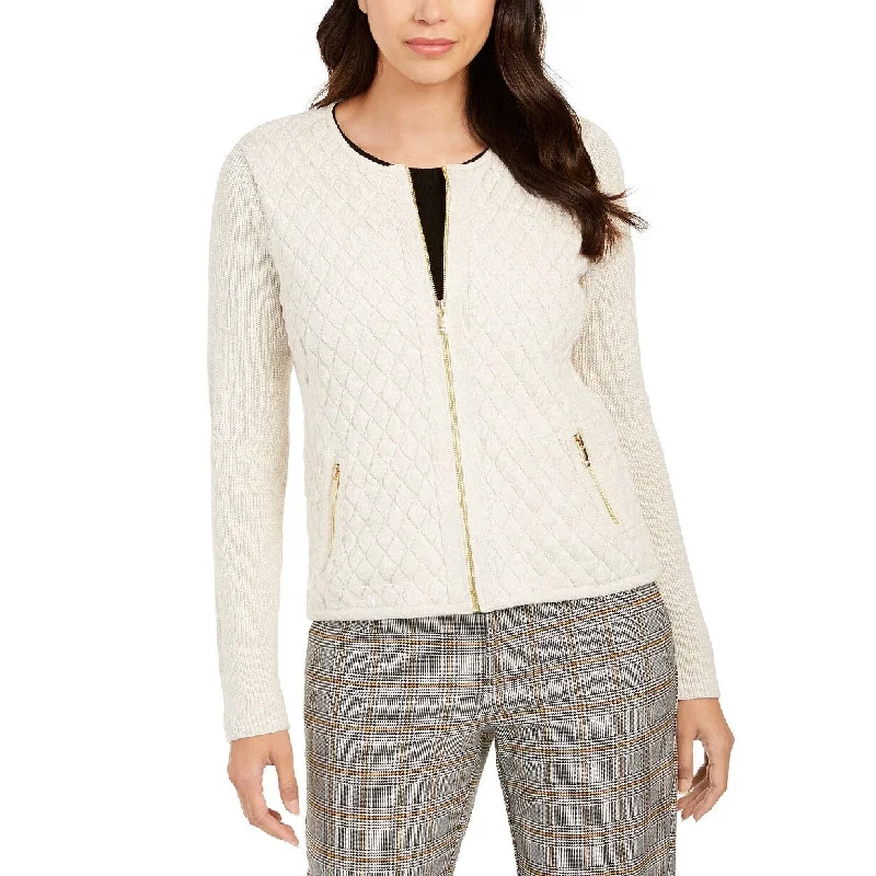 Charter Club Women's Cotton Quilted Zip-Front Cardigan Beige Size Large