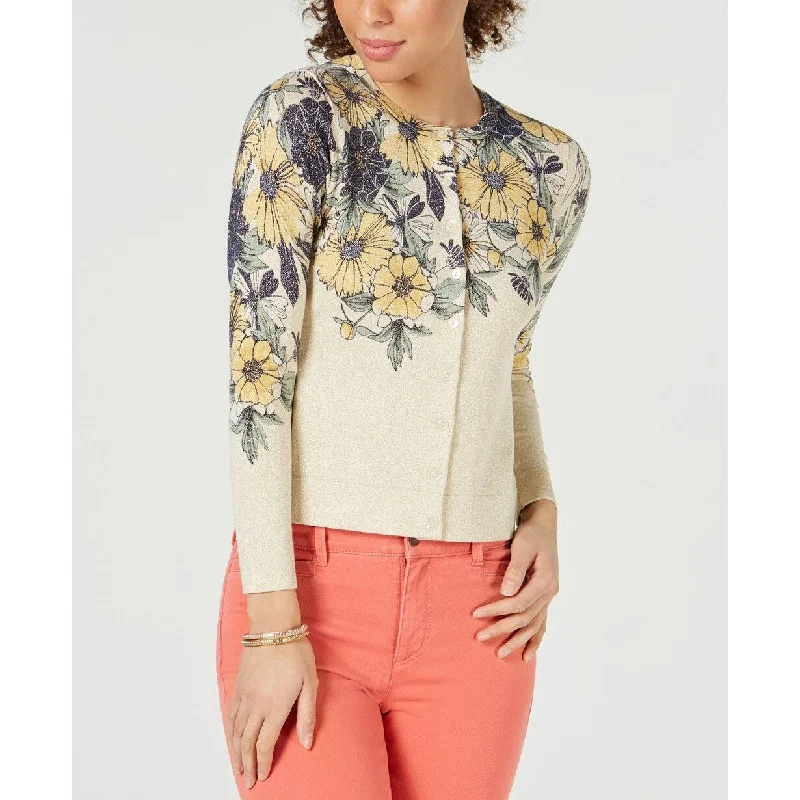 Charter Club Women's Metallic Floral-Print Cardigan Gold Size Large